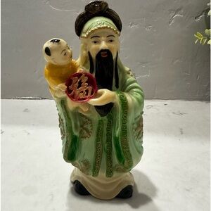 Vintage Chinese Japanese Statue Man Holding Child In Arm Ceramic Hand Painted